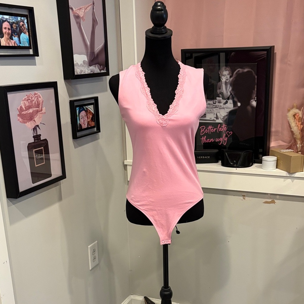 Express Pink Lace Trim Bodysuit